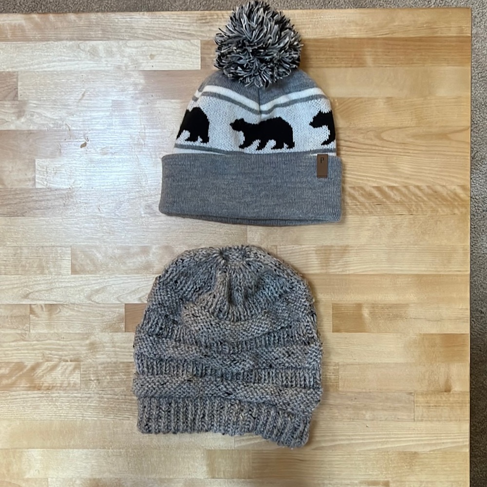 Winter hats, 1 Pendleton Knit // 1 Knit with hole in top for ponytail.